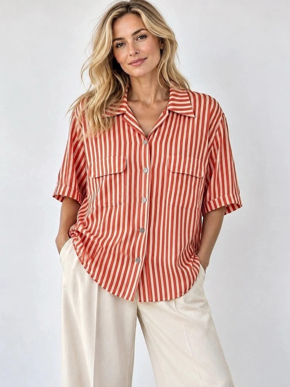 Vintage Silk House 100% Silk Coral & Ivory Striped Button-Down Shirt — Size M